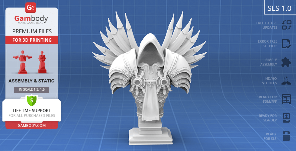 Detailed 3D printed bust of Tyrael with ornate armor and wings, presented on a pedestal.