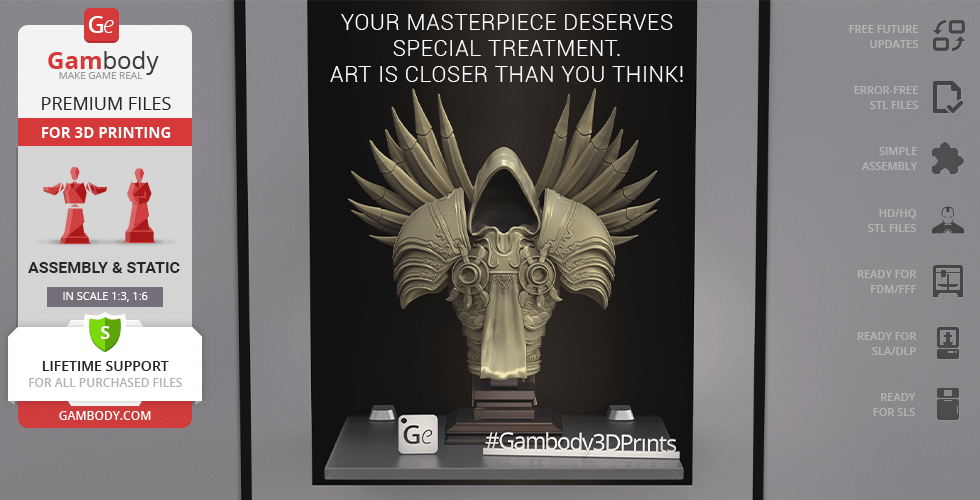 A bust of an armored figure with wing-like structures, designed for 3D printing.
