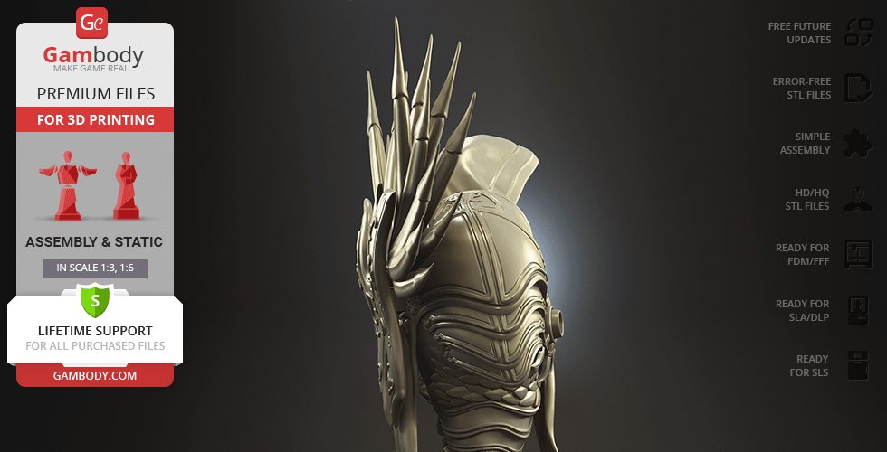A detailed 3D printed bust of Tyrael, featuring intricate armor and decorative wing-like structures.