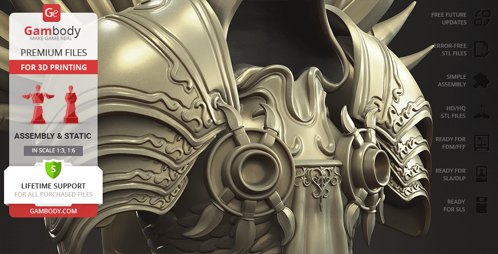 Ornate Tyrael bust with intricate armor design, suitable for 3D printing.