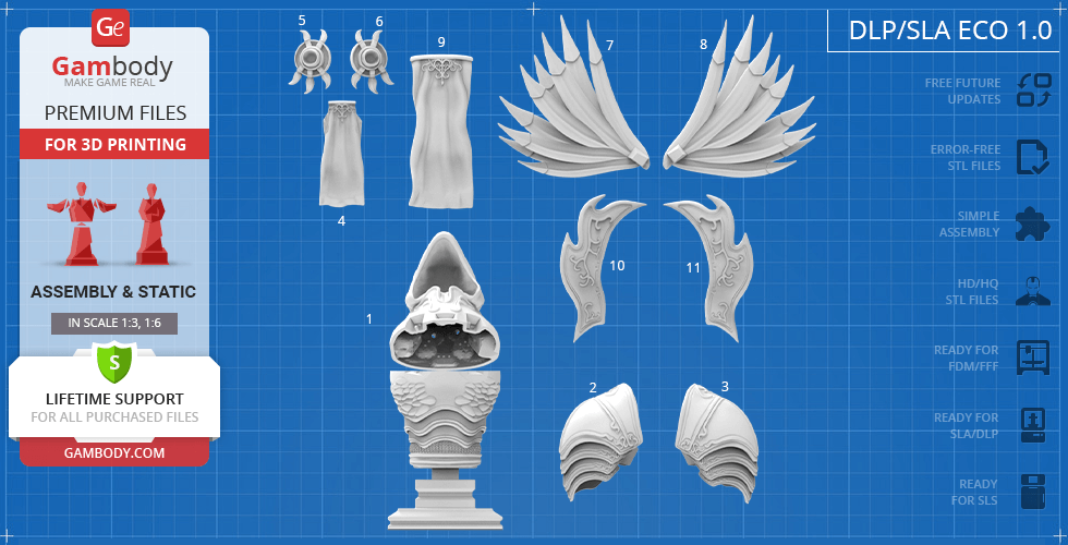 Bust of a winged character with parts for 3D printing. Includes head, wings, and decorative elements.