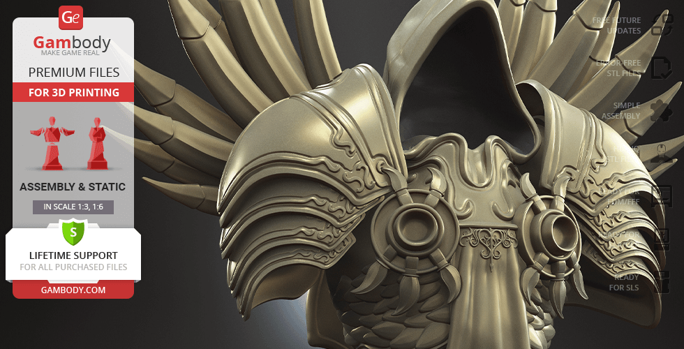 A hooded armored figure with detailed chest armor and large wing structures, ready for 3D printing.