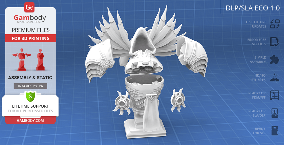 Tyrael Bust model for 3D printing, featuring winged armor detail on a blue grid background.