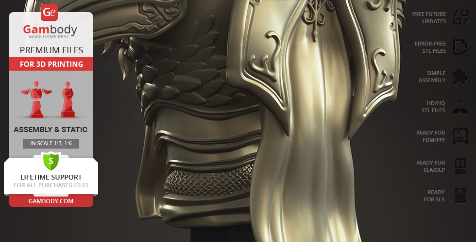 A detailed golden bust of Tyrael with ornate armor, available for 3D printing from Gambody.