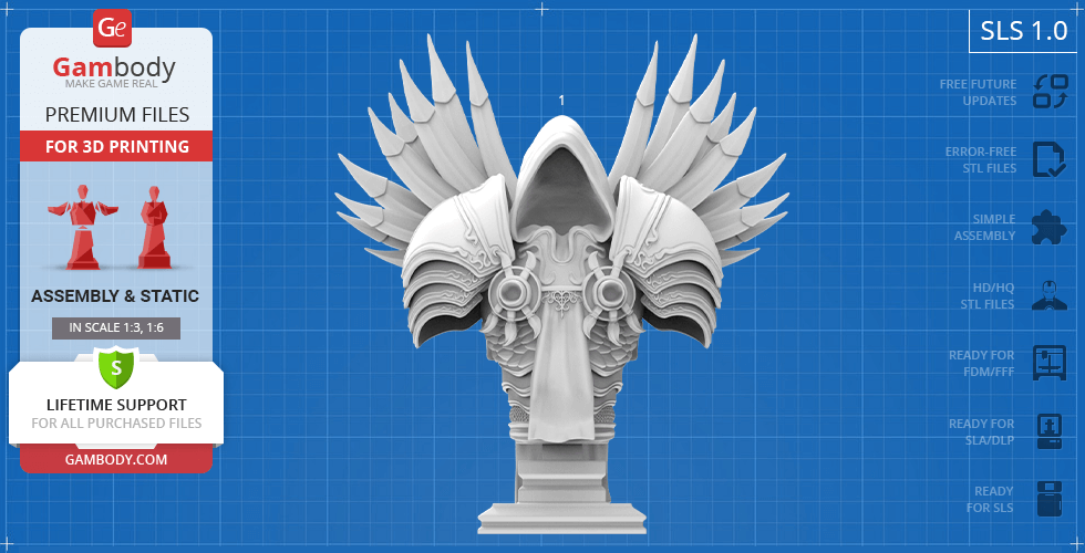 Detailed 3D model of a hooded figure with ornate armor and wing-like structures for 3D printing.