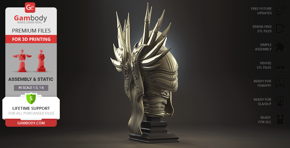 A detailed bust of an armored figure with elaborate, spiked headgear for 3D printing.