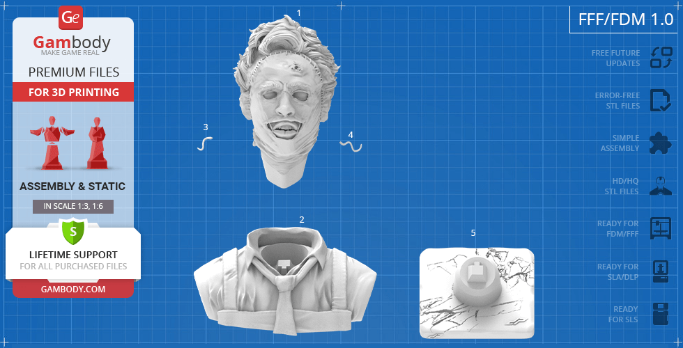 A detailed bust of a character with stitched face, hair, and torso. Suitable for 3D printing assembly.