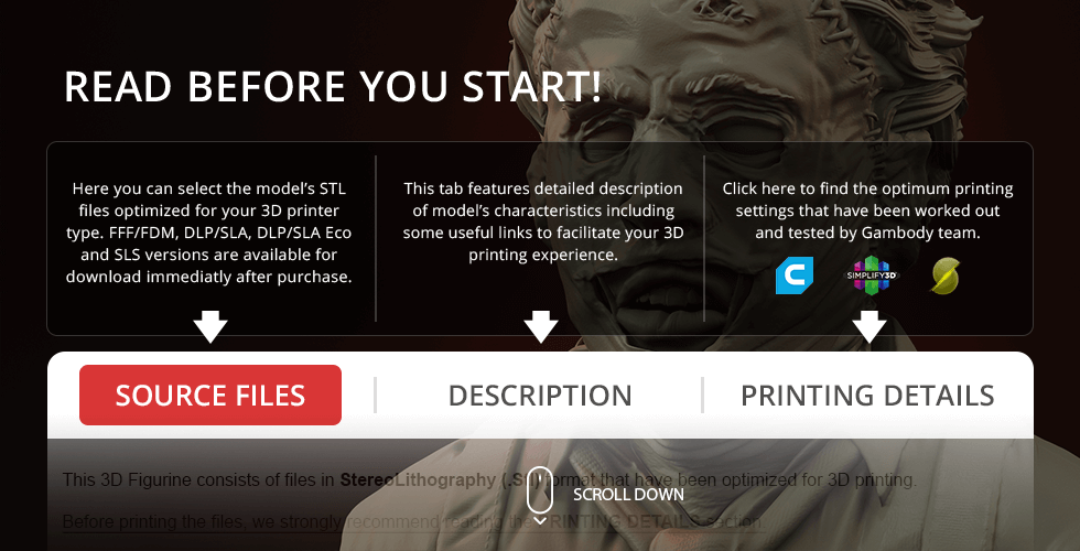 Bust of Leatherface with text about 3D printing STL files for different printer types.