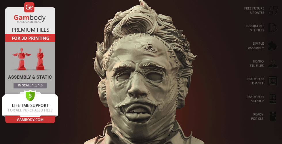 3D model of a Leatherface bust with detailed facial texture, ready for 3D printing, shown against a dark background.