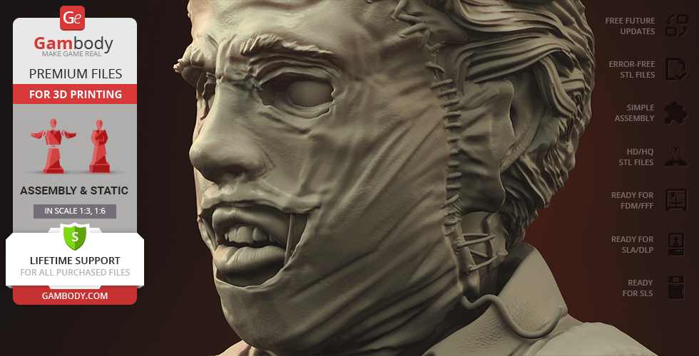 Highly detailed bust of a stitched-face character, ideal for 3D printing.
