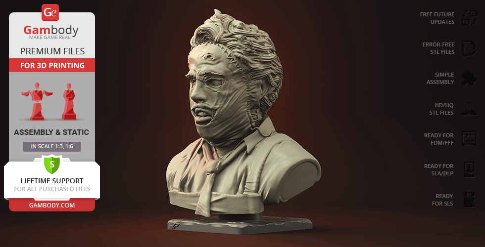 A menacing bust of a masked figure with textured hair, detailed for 3D printing.