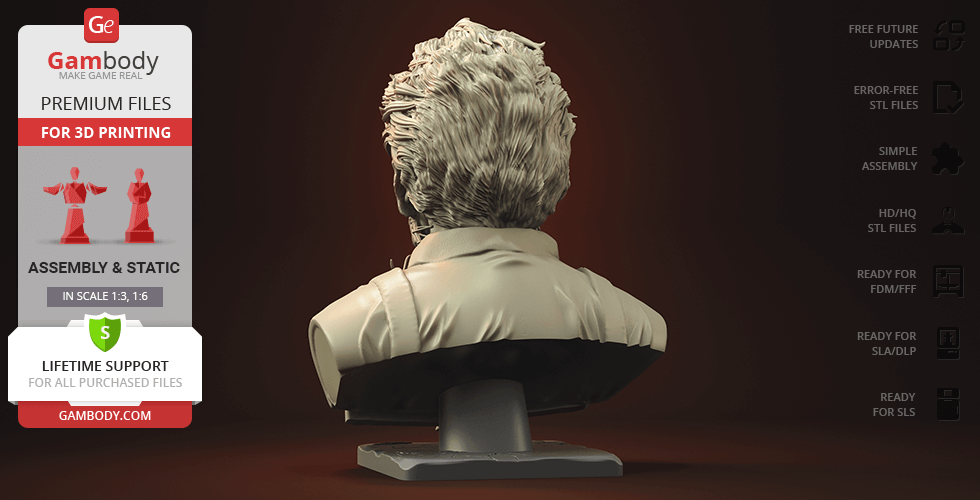 A detailed 3D printed bust of Leatherface viewed from behind, showcasing textured hair and clothing.