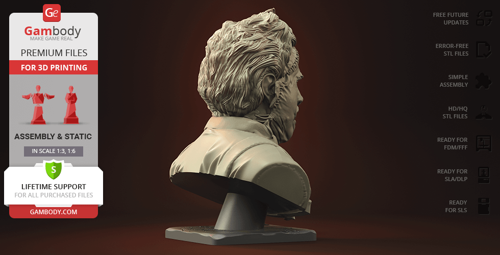 3D printed bust of Leatherface from the back, showing detailed hair and jacket textures.