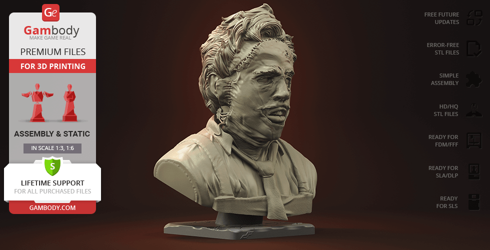 Detailed bust of a stitched-face horror character, ideal for 3D printing.
