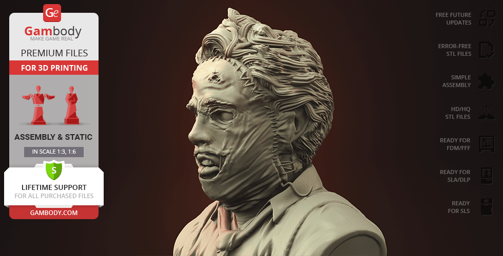 Horror-themed bust with stitched face mask, detailed hair, and collared outfit for 3D printing.