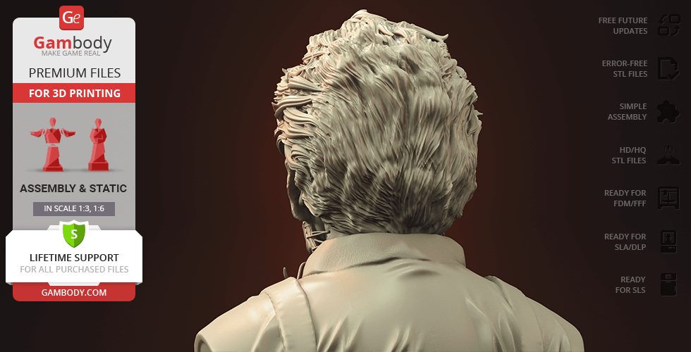 Back view of a Leatherface bust 3D model, detailed hair and jacket texture, labeled for 3D printing.