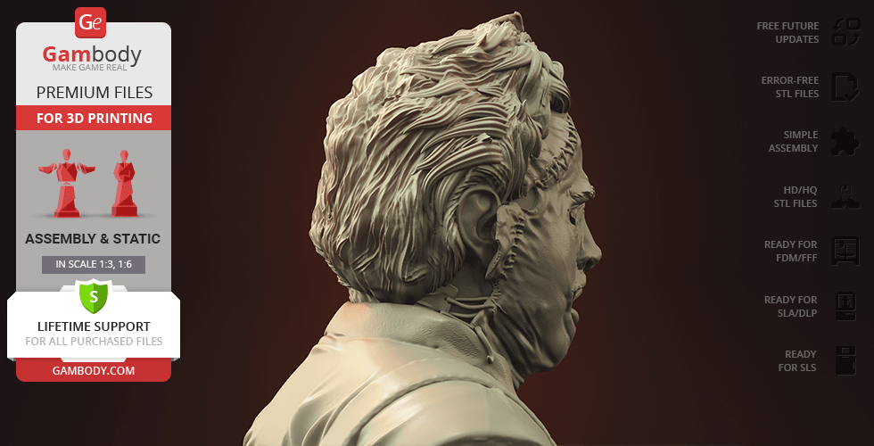 Bust of Leatherface from the side, detailed with textured hair and clothing for 3D printing.