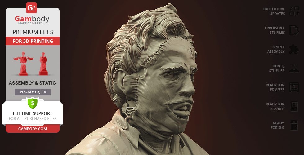 A detailed 3D bust of a character with a stitched face and wild hair, ready for 3D printing.