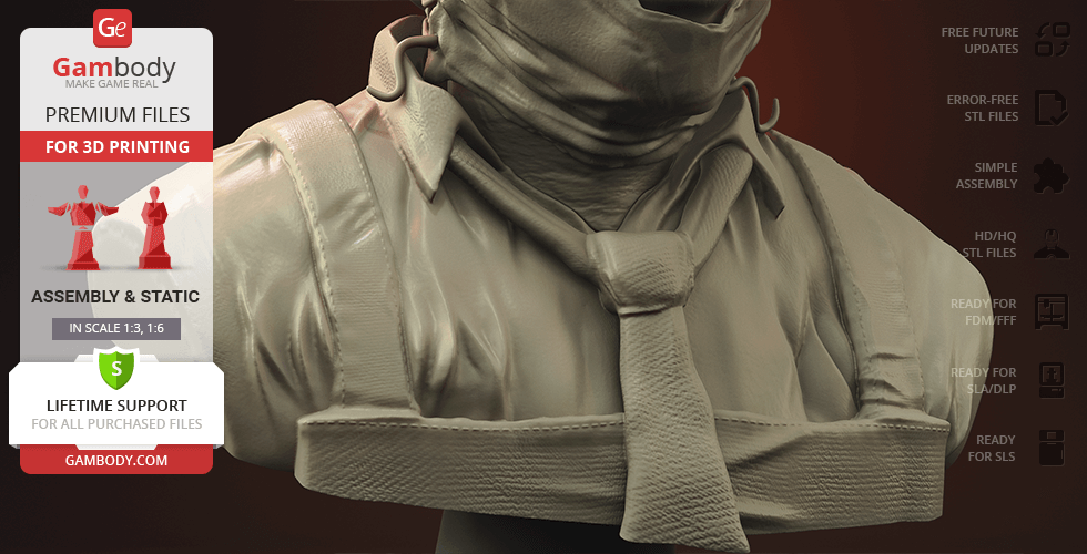 A detailed bust of a masked character, suitable for 3D printing, with fabric-like details on the upper garment.