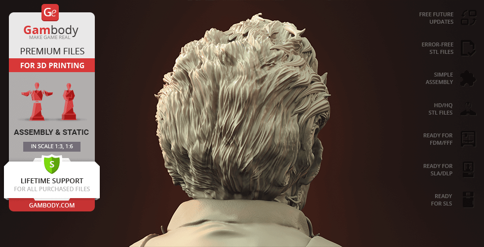 3D-printed Leatherface bust showing detailed hair and back view.