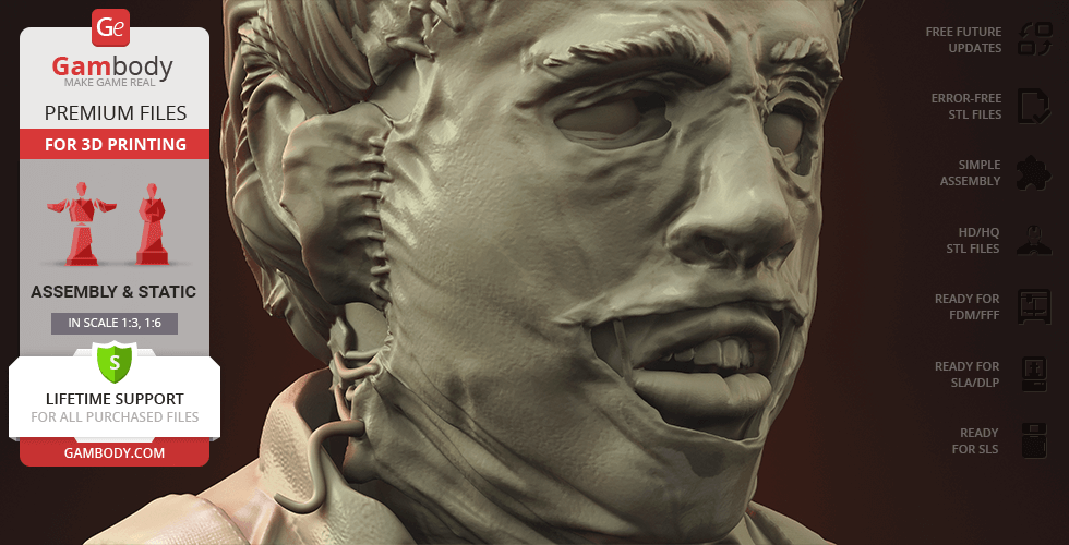 3D printed bust of a menacing figure with a stitched face, designed for easy assembly and high-quality finish.