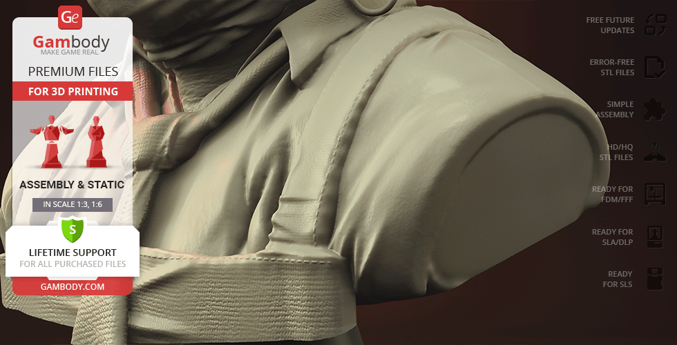 A detailed 3D printed bust model wearing a textured leather apron, promoted on Gambody for premium download.