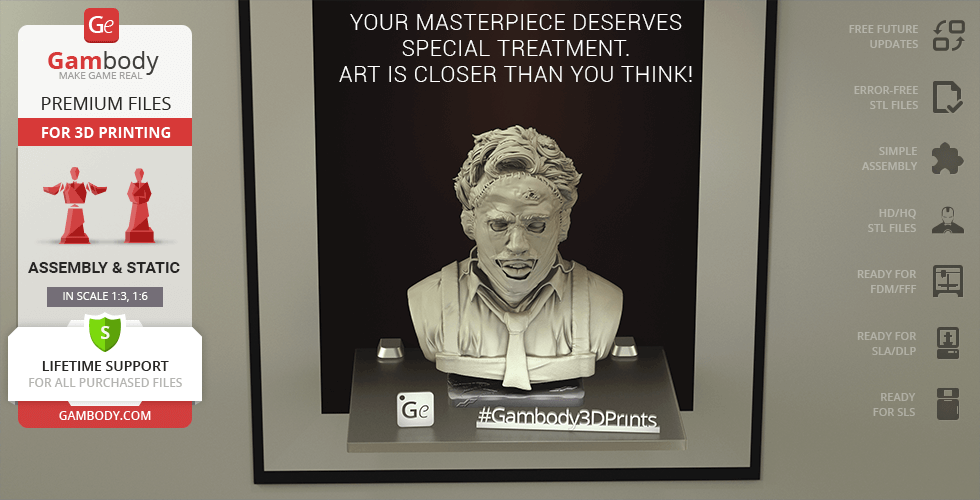 A 3D printed bust of Leatherface on display, shown with promotional text and features by Gambody.