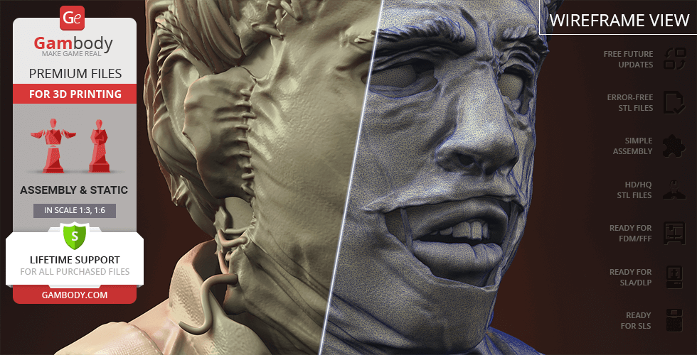 3D model of a Leatherface bust showing detailed facial textures in wireframe view.