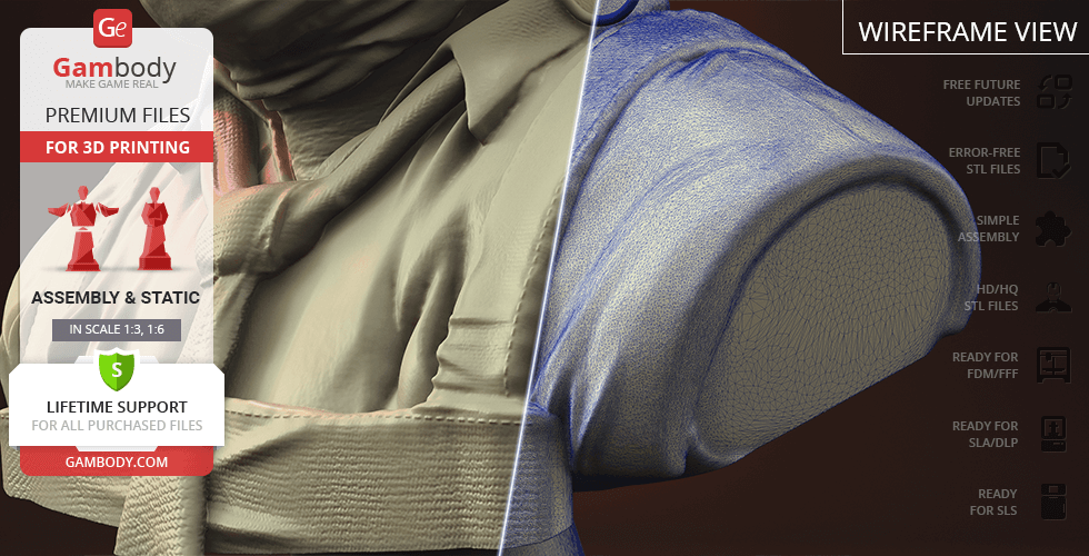 3D model of Leatherface bust with detailed texture and partial wireframe view for 3D printing.