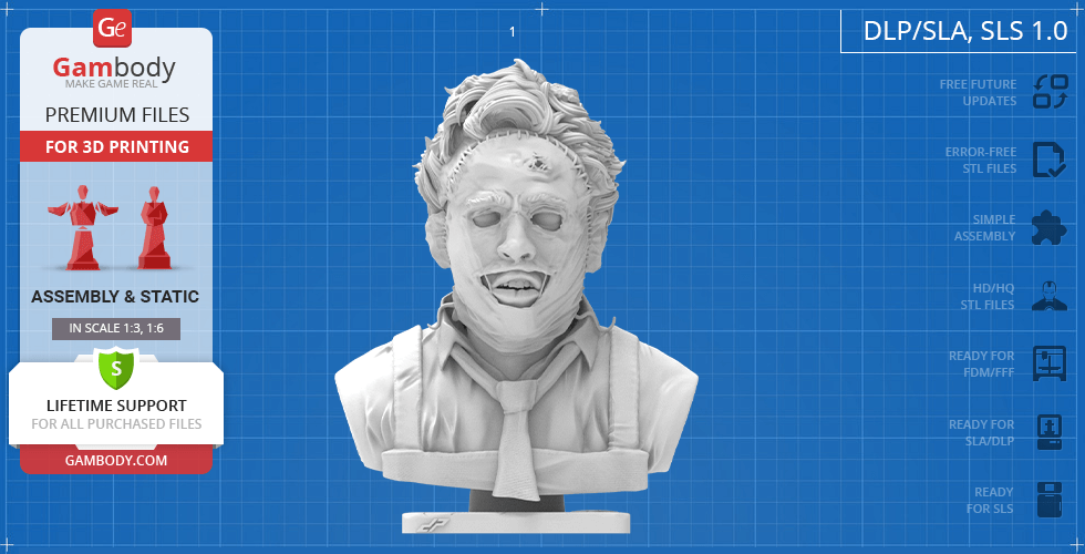 Bust of a masked figure with stitching details, wearing a collared shirt and tie; designed for 3D printing.
