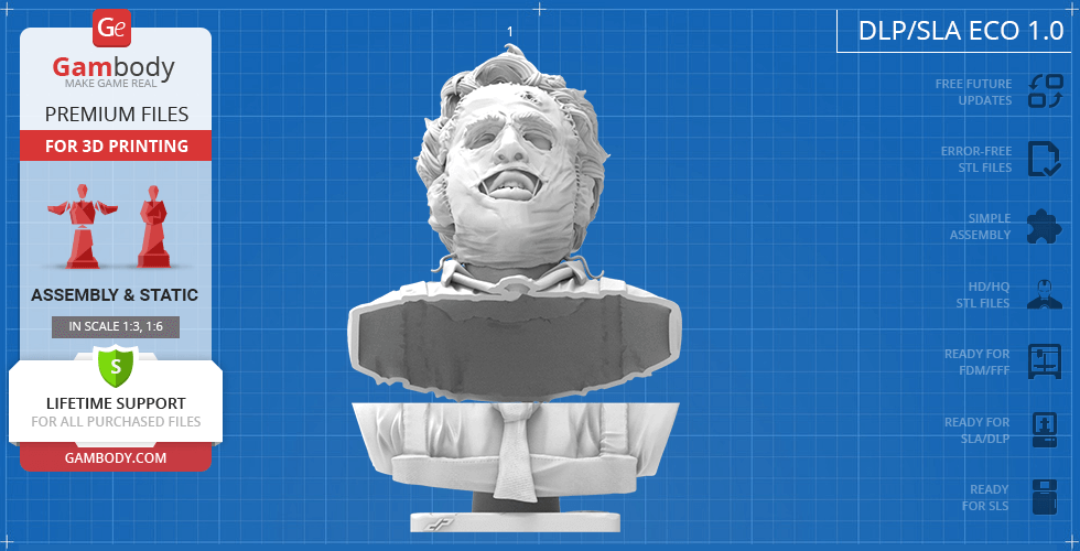 A detailed 3D printable bust of a masked character with an open-mouthed expression.