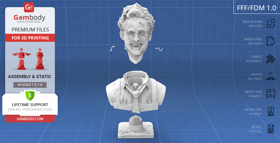 A 3D printable bust of a horror character with a detailed face and torso, displayed with printing specifications.