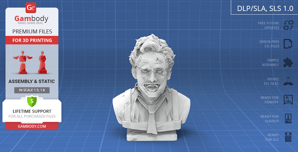 Bust of a menacing character with a stitched face, wearing a tie, on a textured background.