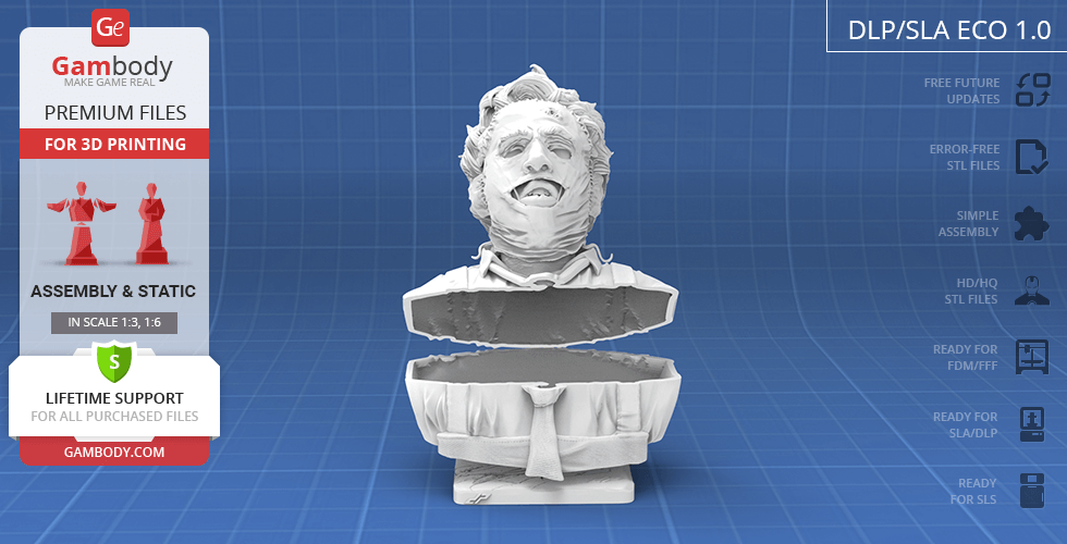 A detailed 3D printed bust of a character with a stitched face and an open compartment below the neck on a grid background.