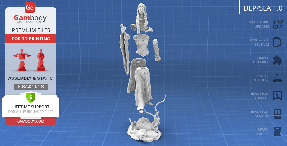 A 3D print model of a fantasy female character, shown in disassembled parts for printing.