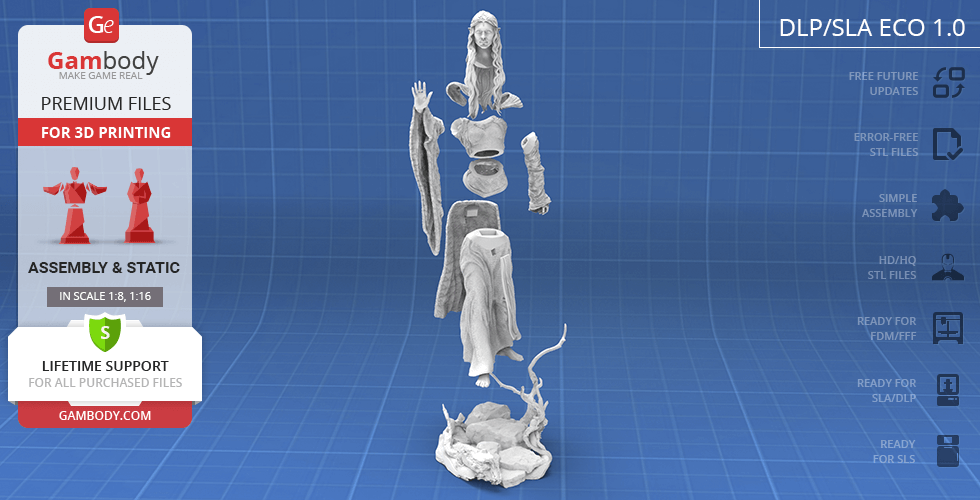 A 3D printable model of a robed figure with long hair, shown in disassembled parts on a blue grid background.
