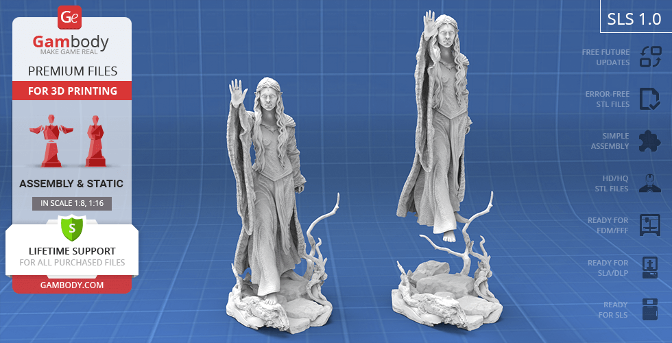 A detailed 3D printed model of Galadriel in a flowing gown, raising one hand, standing on a rocky base.