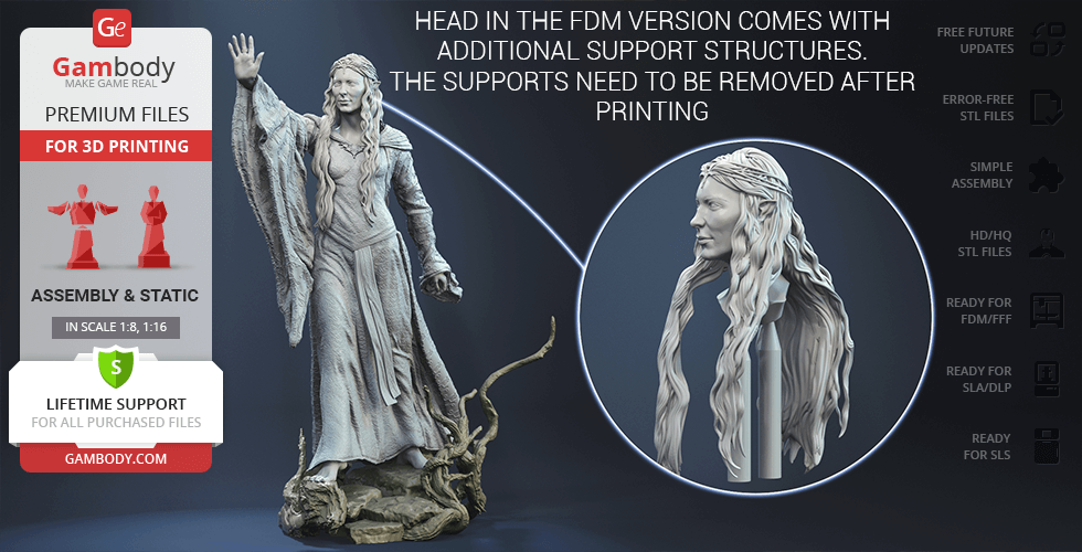 A detailed 3D model of a woman in flowing robes with long hair, designed for 3D printing.