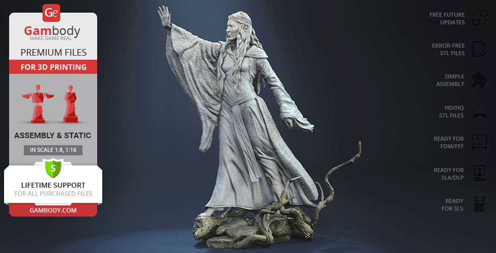 A detailed 3D model of an elegantly dressed woman with outstretched arm, standing on a base with roots.