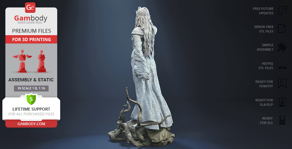A detailed 3D model of a robed figure with long hair, standing on a decorative base, ready for 3D printing.