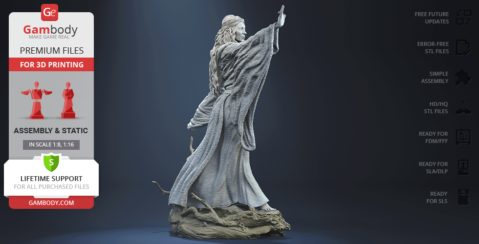 A detailed 3D model of a robed figure with outstretched arm, standing on a textured base, ready for printing.