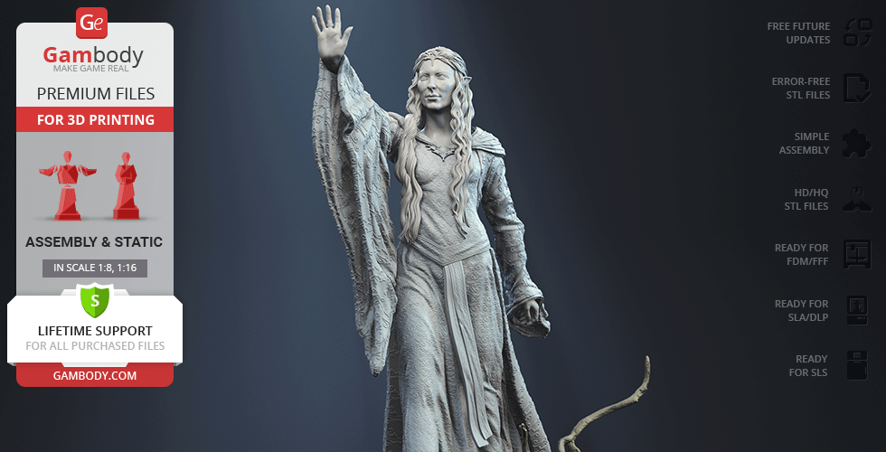 A detailed 3D model of a regal woman with wavy hair, wearing a flowing gown and raising one hand.