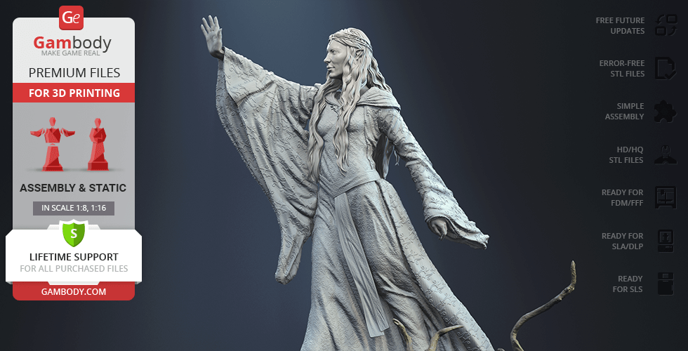A 3D model of a robed woman with long hair, arm raised, standing on a platform, ready for printing.