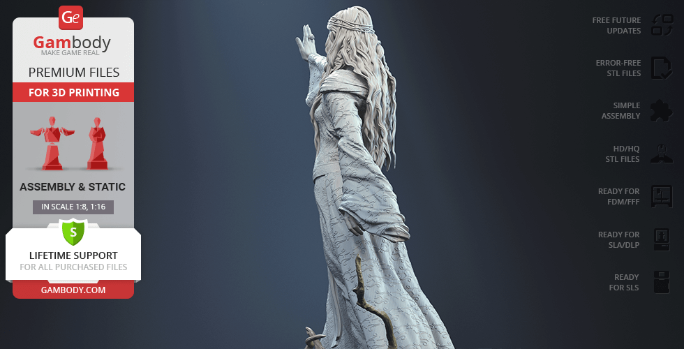 A detailed 3D model of a robed female figure with long hair, featuring outstretched arms, designed for 3D printing.