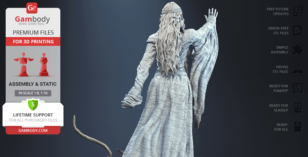 A detailed 3D model of a robed figure with long hair, seen from the back, arm raised, designed for printing.