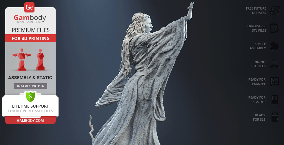 A detailed 3D model of a robed figure with raised arms, designed for 3D printing.