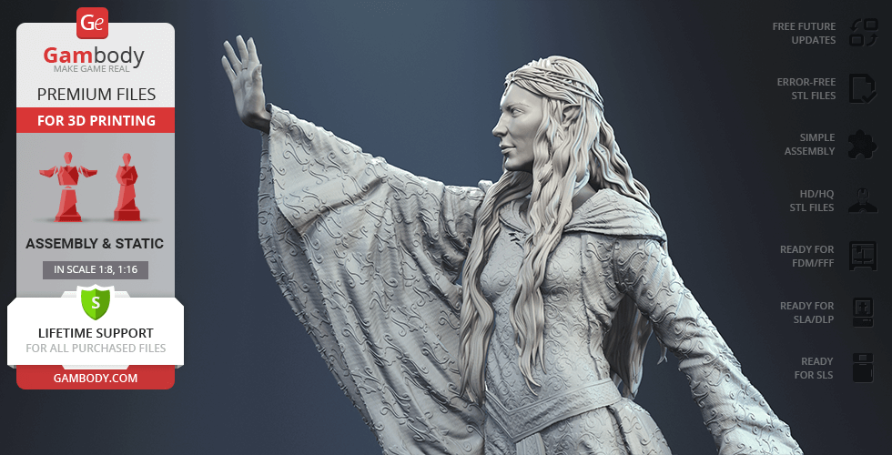 A detailed 3D model of a robed woman with long hair, extending her hand, designed for 3D printing.