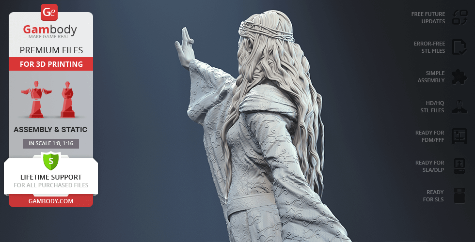A detailed 3D model of a robed character with long hair, arm raised, designed for 3D printing.