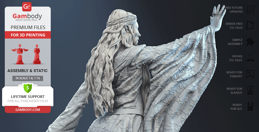 A detailed 3D model of a woman in flowing robes with an outstretched arm, designed for 3D printing.