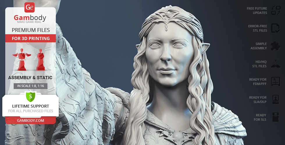 3D model of an elf-like figure with long, wavy hair and ornate clothing, designed for 3D printing.